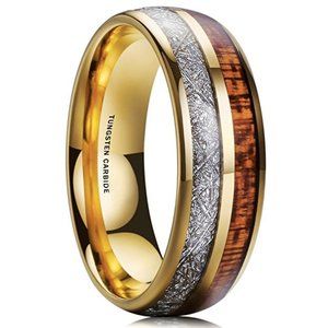 Womens Mens Wedding Tungsten Wedding Band 8mm Gold Ring Wood Inspired Meteorite